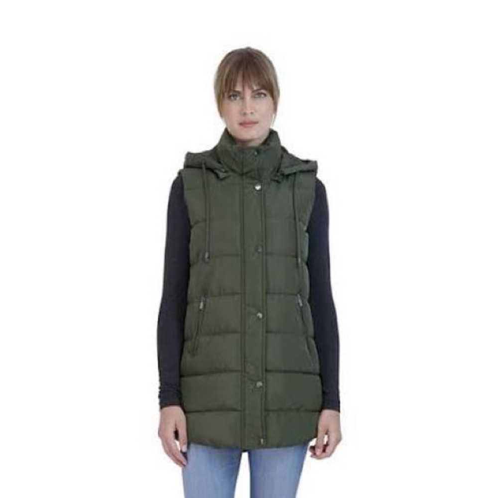 Sebby Olive Puffer Vest with Hood in Like-New Condition